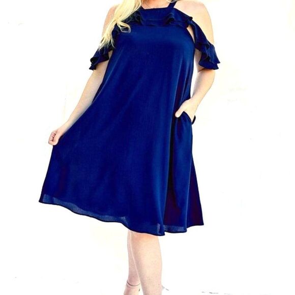 Very Demure Navy Cold Shoulder A-Line Dress plus size NWT - Picture 1 of 8